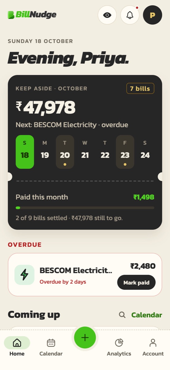 Bill Nudge home screen: what is due this week, overdue bills and the month total